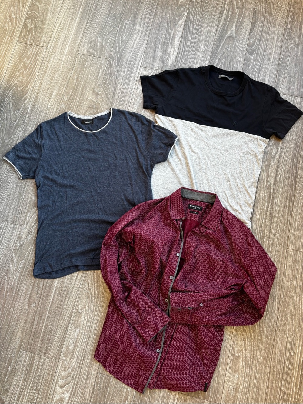Zara Men’s Black & Gray Tee, Navy Tee, and Burgundy Patterned Button-Up Shirt